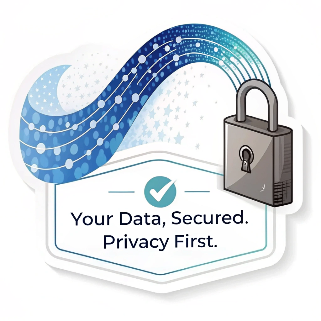 Locked Data Stream Sticker: A visual of data bits or a digital stream flowing into a prominent, secure padlock icon. Text: 'Your Data, Secured. Privacy First.' Color palette: Gradient blues for the stream, metallic gray for the lock.