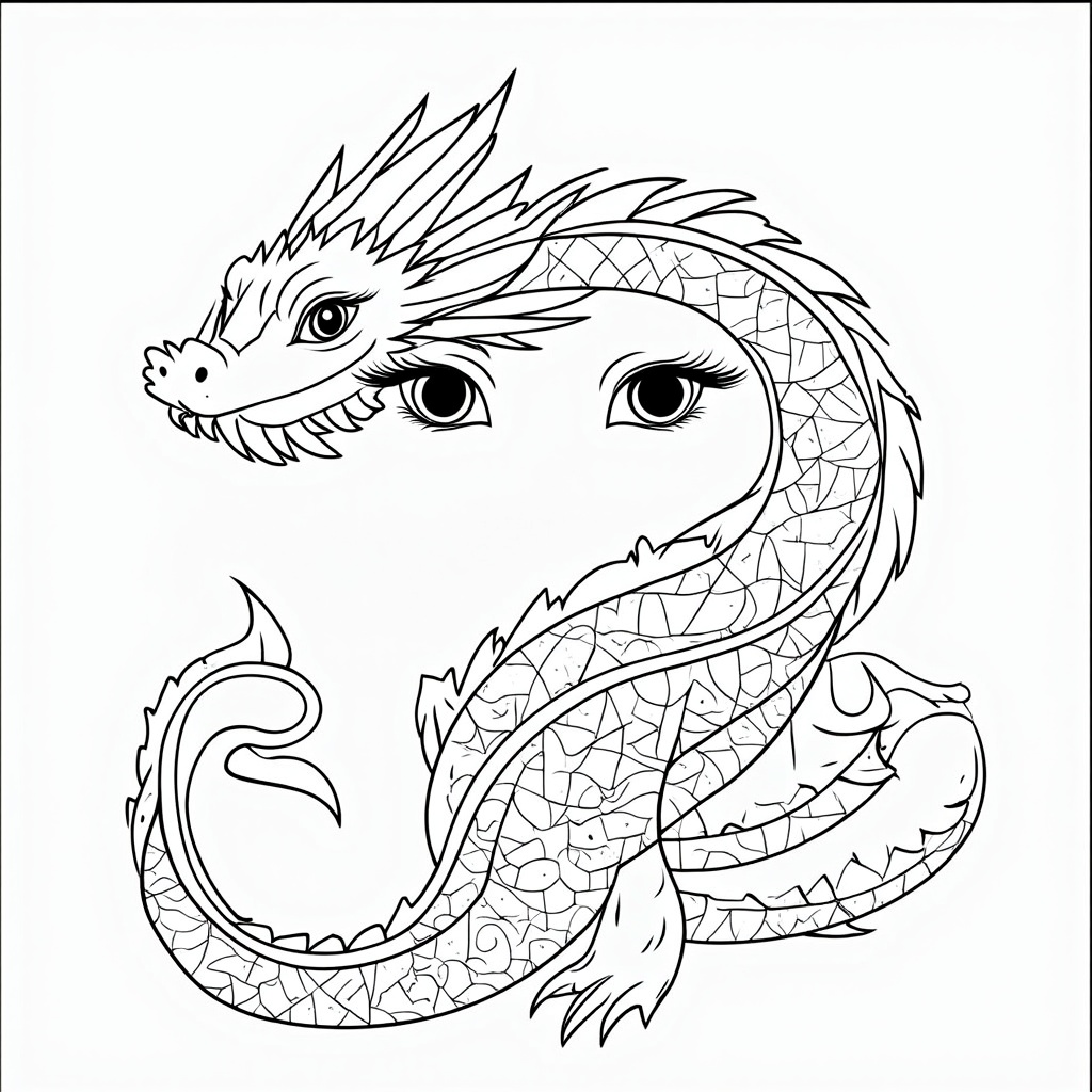 A detailed portrait of a dragon with a long, curling neck and expressive eyes, looking directly at the viewer. Its scales are depicted with a multitude of geometric patterns, from triangles to circles, encouraging a diverse color palette.