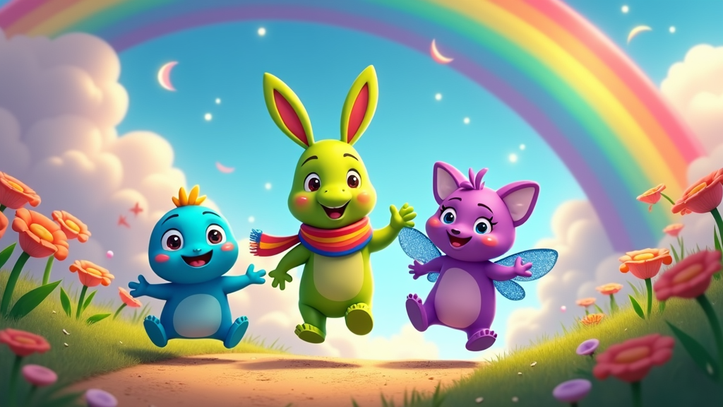 A group of cute, colorful characters exploring a vibrant, whimsical world at the end of a rainbow.