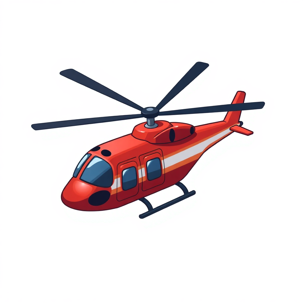 The image is an illustration of a red helicopter. The helicopter has a sleek and modern design with a pointed nose and two large propellers on either side. The body of the helicopter is painted in a bright red color with white stripes running along the sides. The windows are large and round, and the doors are slightly open. The propellers are black and extend upwards towards the top of the image. The background is white, making the helicopter stand out.