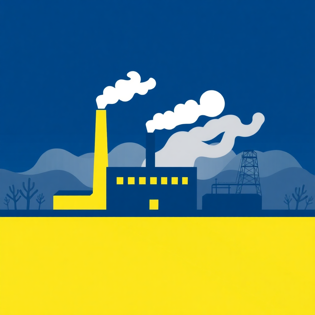 The image is an illustration of a factory with a blue sky and mountains in the background. The factory is in the center of the image, with a tall yellow chimney on the left side and a tall tower on the right side. The chimney is emitting white smoke into the sky. The sky is a deep blue color, and the mountains are a lighter shade of blue. The ground is a bright yellow color. The overall style of the illustration is flat and minimalistic.