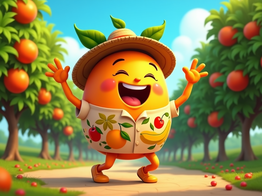 The image is a 3D illustration of a cartoon character in an orange orchard. The character is wearing a straw hat with a green leaf on top and a white shirt with red cherries on it. It has a big smile on its face and its arms are stretched out in front of it, as if it is dancing or celebrating. The background shows rows of orange trees with ripe oranges hanging from their branches. The ground is covered in green grass and there are red apples scattered around. The sky is blue and the overall mood of the image is cheerful and playful.