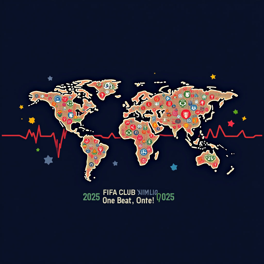 Pulse of Unity: A dynamic ECG/heartbeat line graphic that morphs into the silhouettes of linked continents. Along the pulse line, abstract symbols representing football clubs appear, signifying the collective energy of global football. Text: 'FIFA Club World Cup 2025: One Beat, One World'.