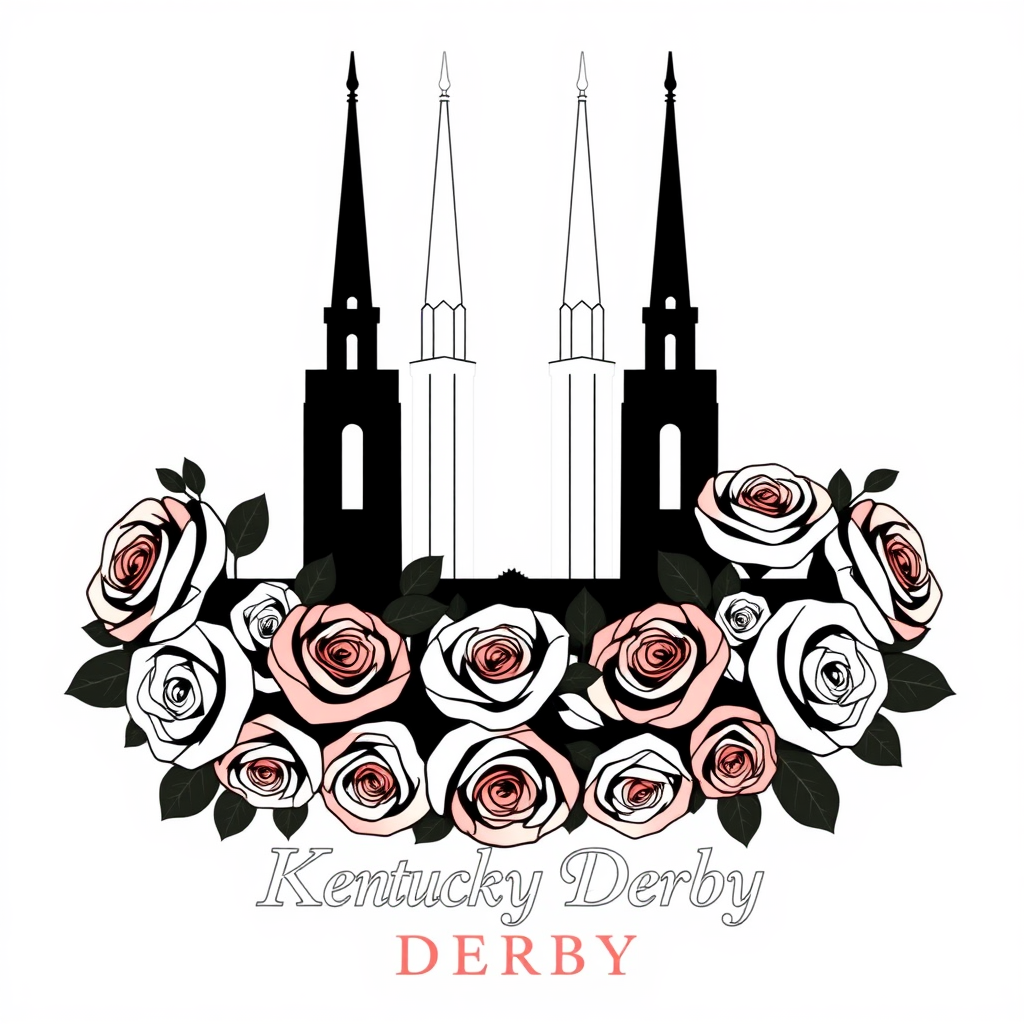 Sub-Design 1: The Twin Spires & Rose Garland - Silhouettes of the iconic Twin Spires elegantly draped with a lush garland of Kentucky Derby roses, symbolizing tradition and the 'Run for the Roses'. A classic serif typeface for 'Kentucky Derby' underscores the heritage.