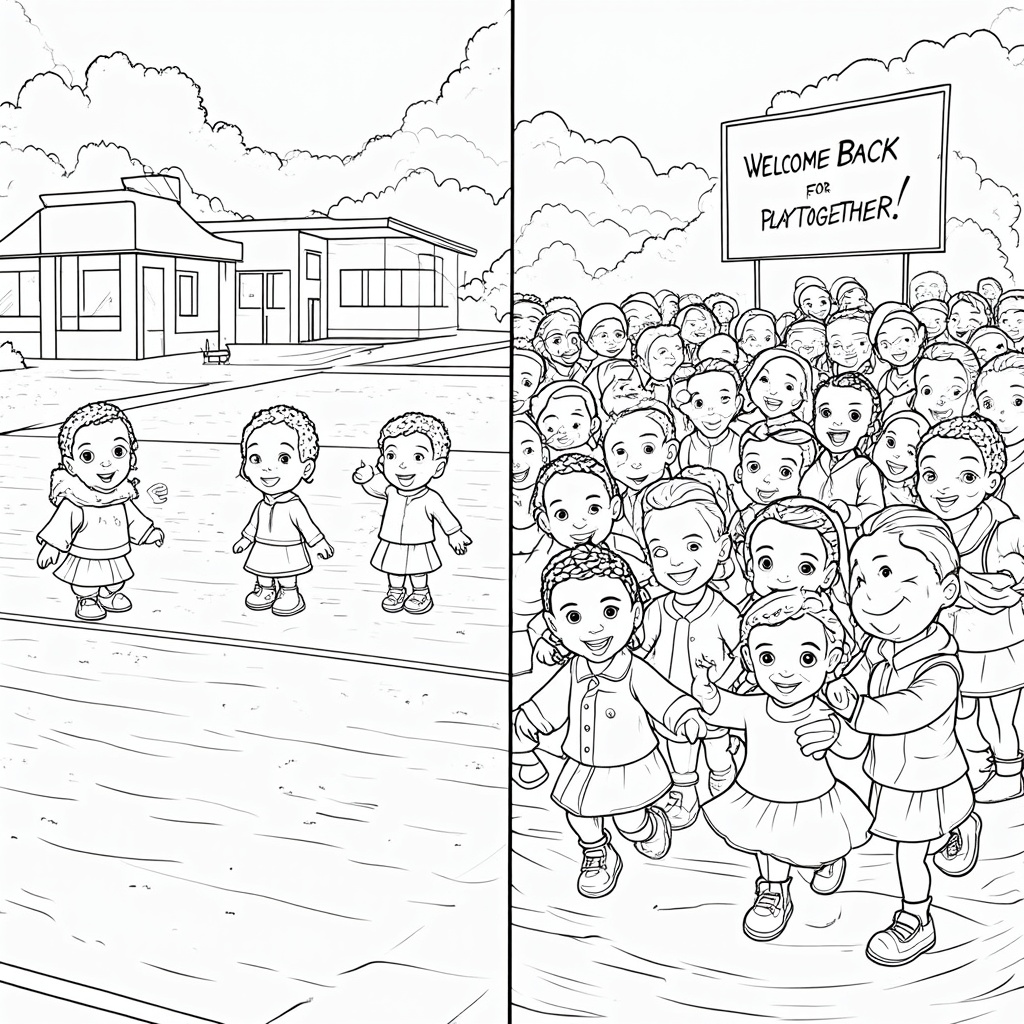 Design Idea 2 (Community & School Theme): **Before Vaccine:** A classroom or schoolyard scene with few children, one or two looking unwell (subtle rash). A sign might indicate 'Quiet Zone' or 'Limited Play'. Children are spaced apart. **After Vaccine:** The same scene is bustling with many healthy children laughing and playing together. A 'Welcome Back - Play Together!' sign is visible. **Key differences to spot:** number of children, children's interactions and proximity, facial expressions, signage, overall activity level.