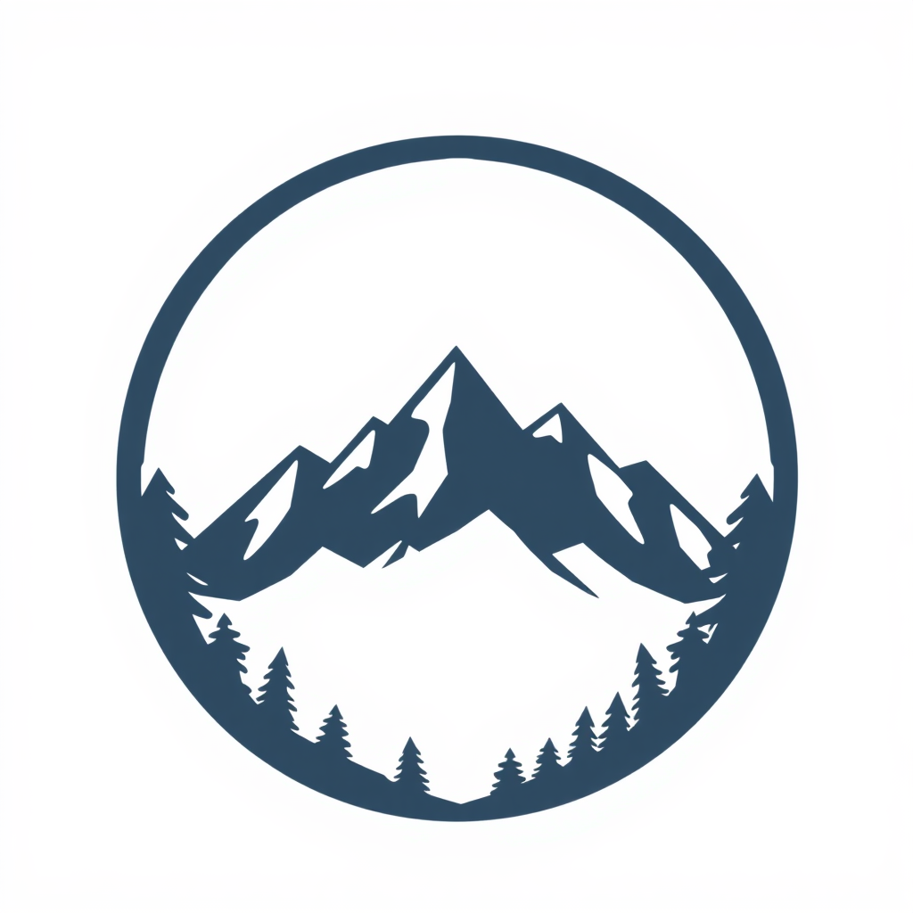 A circular logo with stylized mountain silhouettes arranged around the circumference, suggesting a panoramic view or a sense of encompassing strength.