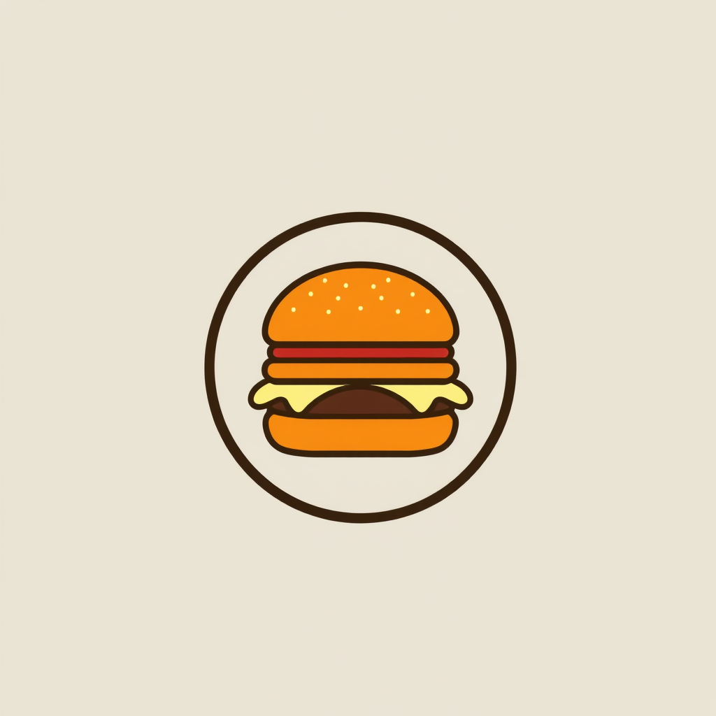 A minimalist burger illustration enclosed in a circle or square with bold, modern typography alongside it.