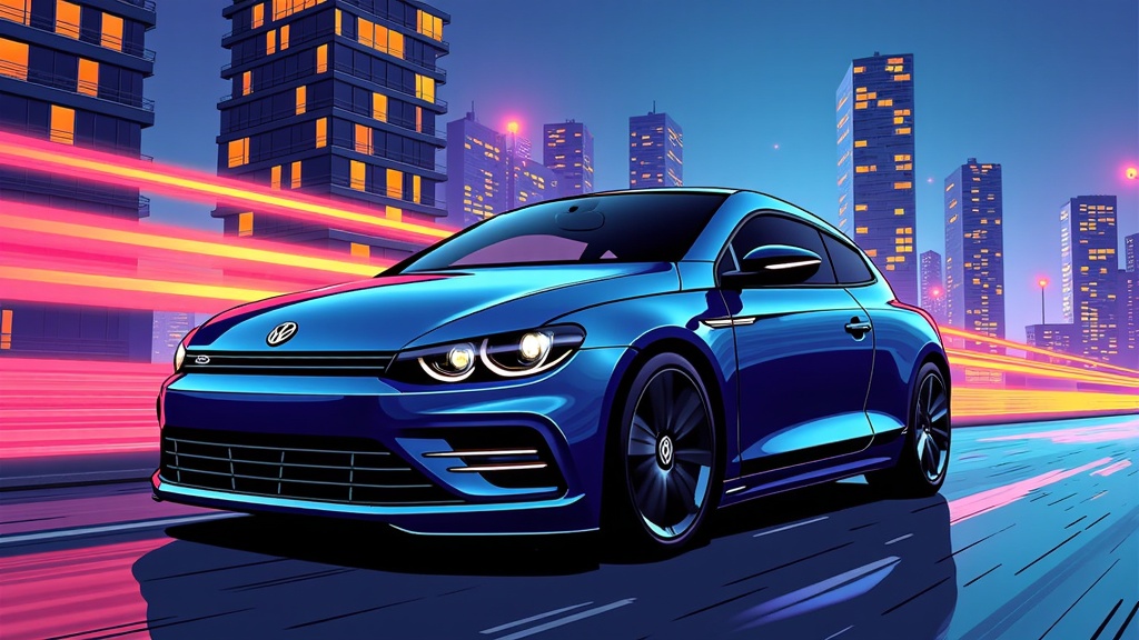 The image is a digital illustration of a blue Volkswagen Golf GTI car driving on a city street at night. The car is in the center of the image, with the city skyline in the background. The sky is dark blue and the buildings are lit up with colorful lights, creating a vibrant and futuristic atmosphere. The buildings are tall and modern, with a mix of high-rise and low-rise structures. The street is wet, suggesting that it has recently rained, and the car is moving at a high speed. The Volkswagen logo is prominently displayed on the front of the car, indicating that it is a Volkswagen brand. The image has a futuristic and sleek design, with sharp lines and curves that give it a sense of speed and motion.