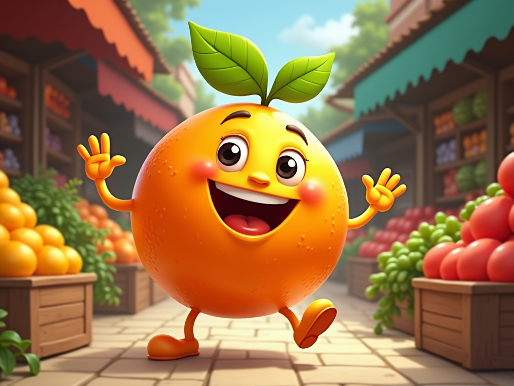 The image is a cartoon illustration of an orange with a big smile on its face and two green leaves on its head. It is standing on its hind legs with its arms stretched out to the sides and its hands up in the air, as if it is dancing or waving. The orange appears to be happy and excited. In the background, there are rows of fruit and vegetables on display in a market or market stall. The sky is blue and there are trees and buildings visible in the distance. The overall mood of the image is cheerful and playful.