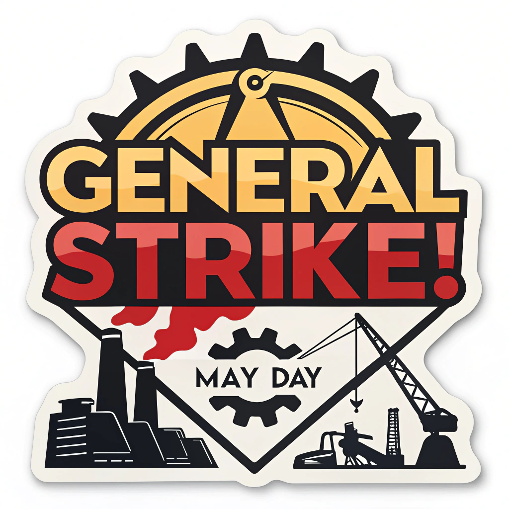 Industrial/Constructivist Sticker: 'GENERAL STRIKE!' in a geometric, blocky font with dynamic angling. Colors: bold red, black, yellow, with sharp lines and abstract gear or factory silhouette elements. 'MAY DAY' integrated stylistically.