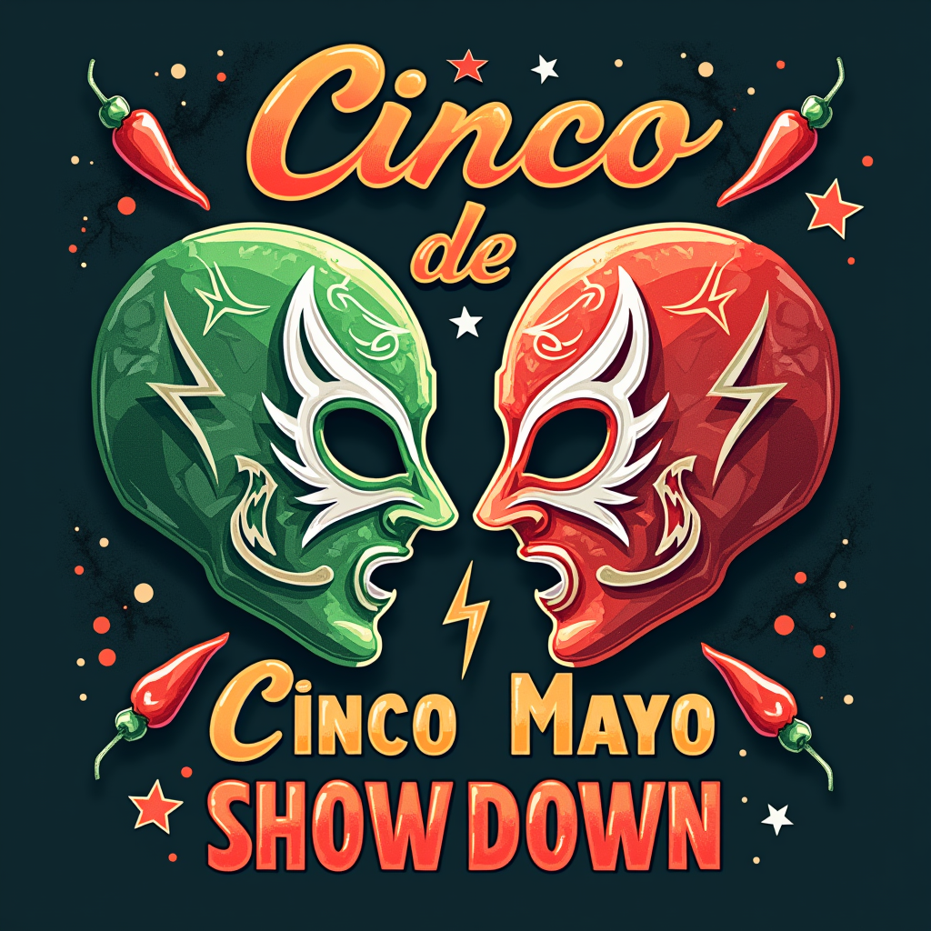 Two Lucha Libre masks in profile facing off, one green with white accents, the other red with white accents, with 'Cinco de Mayo Showdown' in bold lettering between or surrounding them, possibly with crossed chili peppers or lightning bolts separating the masks.