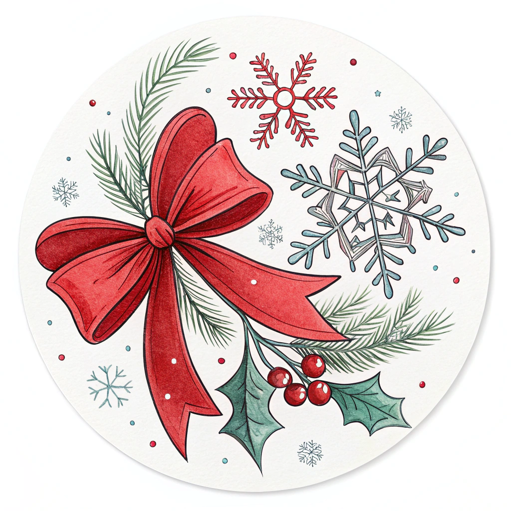 The image shows a round Christmas card with a red bow and holly leaves, surrounded by snowflakes and other festive decorations. The card is decorated with a painting of leaves, fruits, and a red ribbon, creating a cheerful and inviting atmosphere.