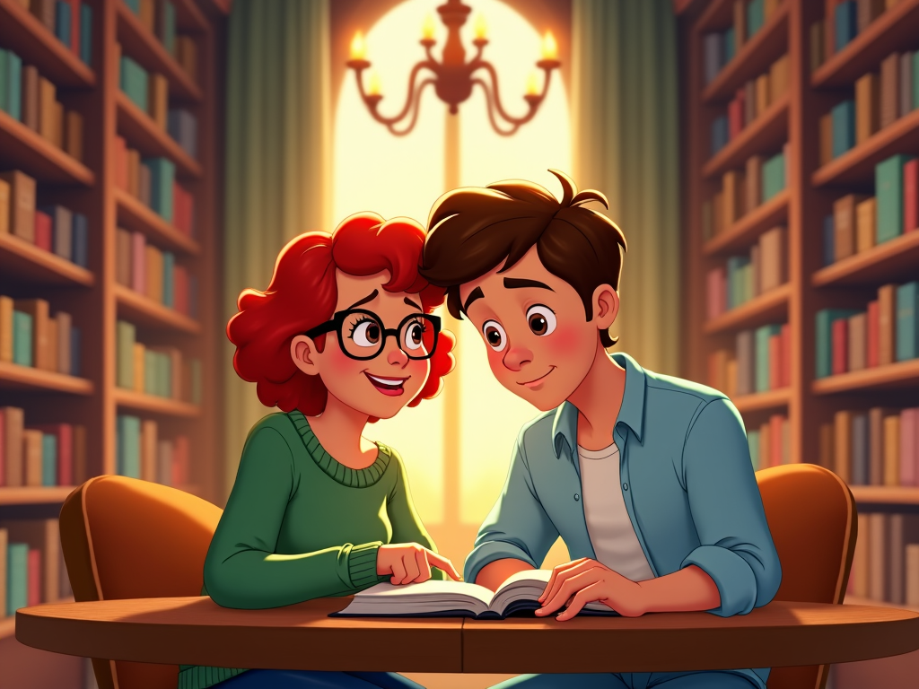 A cartoon couple reading side by side in a library, surrounded by towering shelves of books, with one partner showing the other a new find.