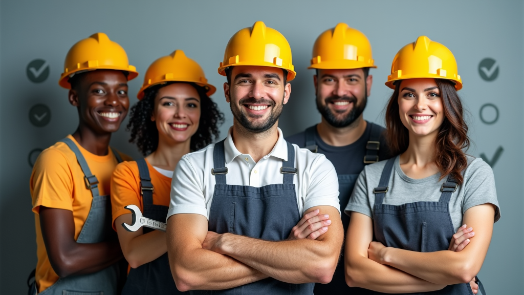 A design featuring a diverse group of workers wearing hard hats shaped like graduation caps, holding tools and smiling confidently. The background could subtly feature safety certification symbols or checkmarks. Headline: 'Educated Hands are Safer Hands'.