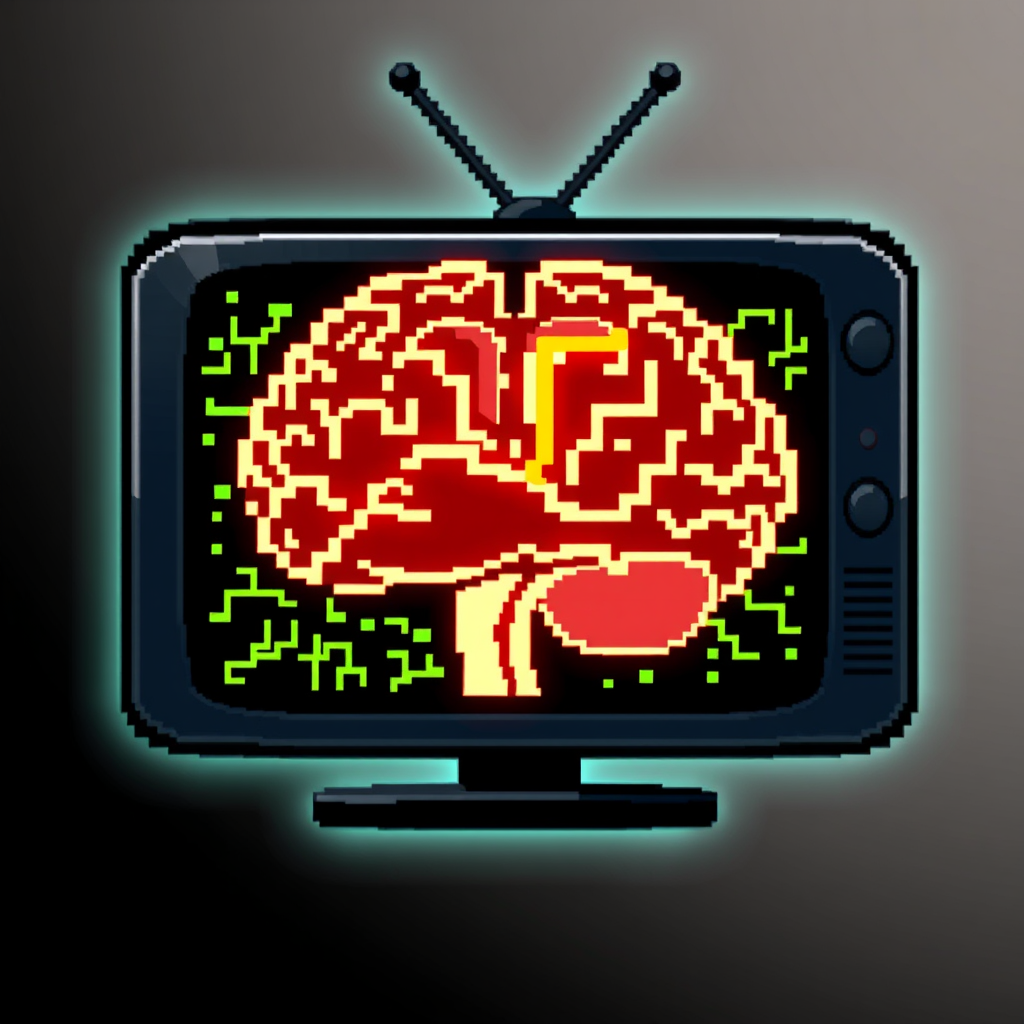 Pixelated Cortex Display: A TV icon where the screen shows a stylized, pixelated representation of a brain's neural pathways, glowing with digital energy.