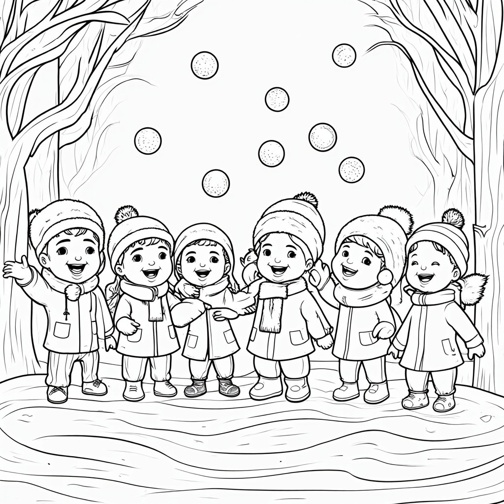 A group of children having a snowball fight, their laughter ringing through the frosty air. Snowballs fly in all directions against a backdrop of snow-laden trees. They are bundled up in colorful winter attire, their spirits high and hearts light.