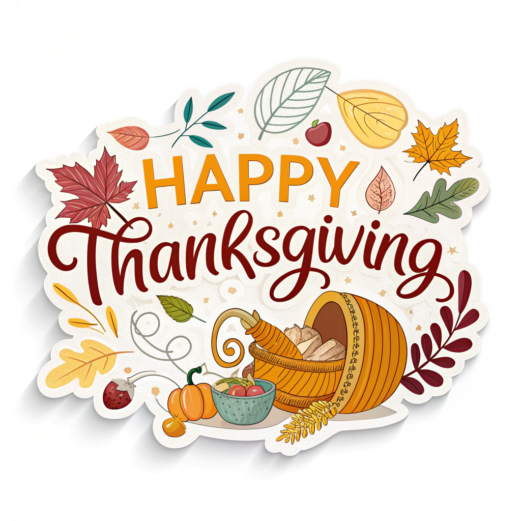 The image shows a poster with a white background featuring a happy Thanksgiving sticker with a basket of food and leaves. The sticker is decorated with text and images of fruits and vegetables, creating a festive and cheerful atmosphere.