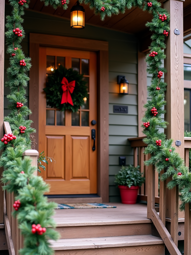 An inviting front porch decorated for Christmas with a lush green garland wrapped around the wooden railings, clusters of red berries, and a classic wreath with a big red bow hanging on the front door.