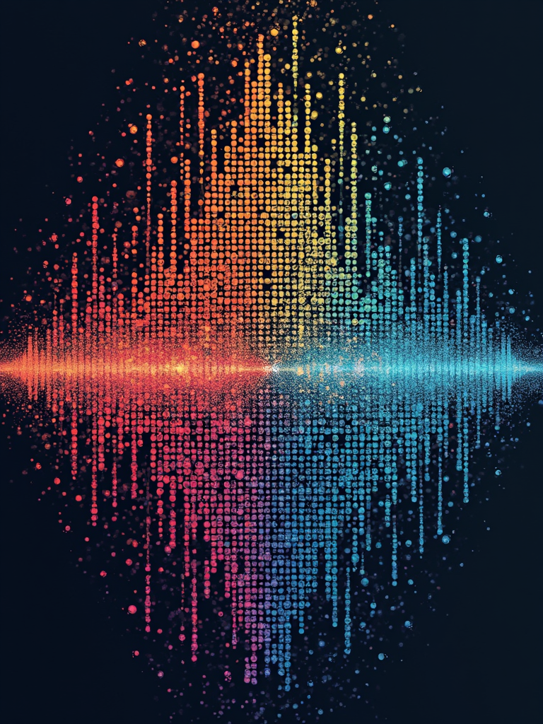 Soundwave Fusion: Distinctive soundwave patterns representing each artist's voice or a signature song. These soundwaves start separately and then merge and flow together, perhaps creating new colors or patterns where they intersect, visually depicting 'Verses Intertwined'.