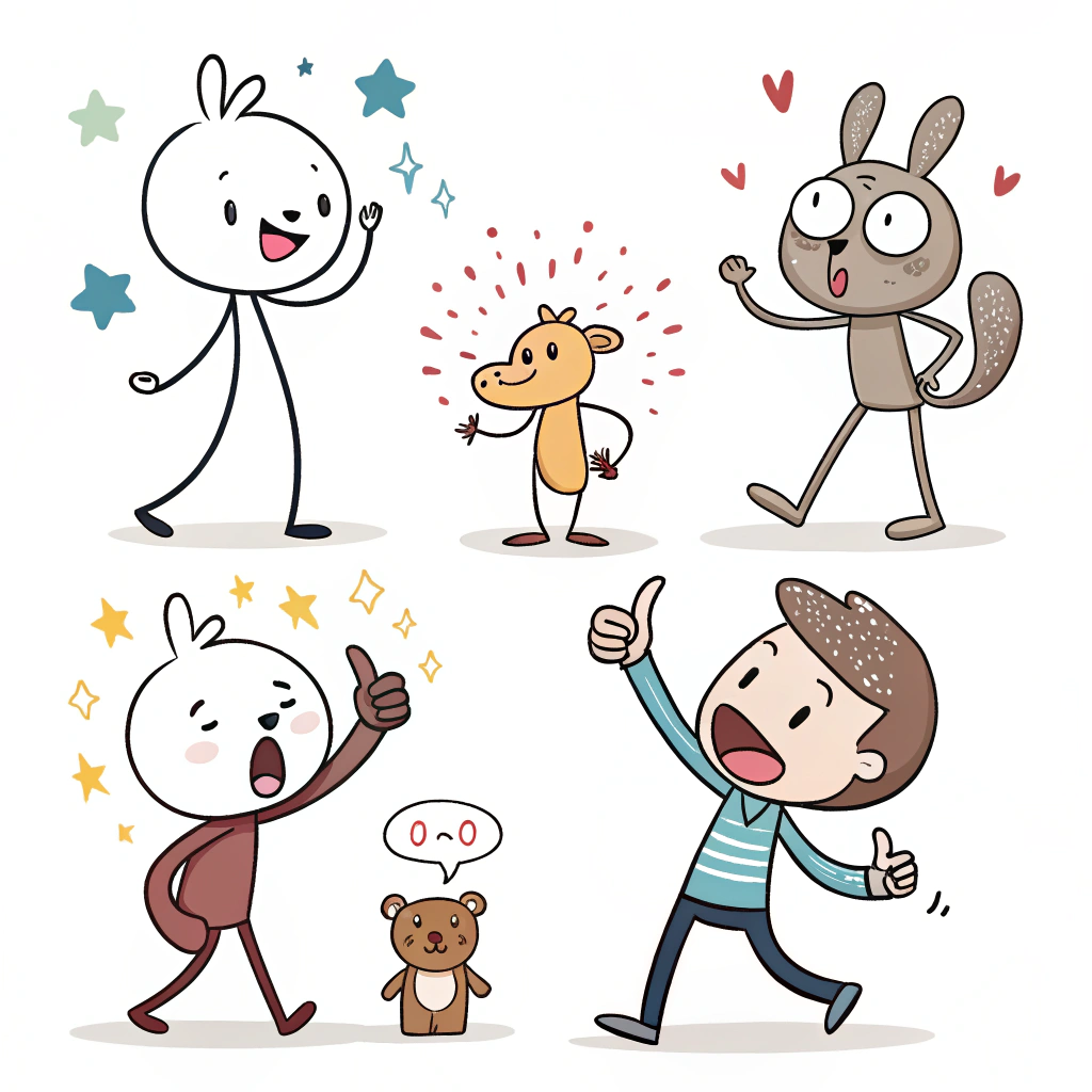 Sub-Design Idea 3: Miniature Character Actions. Simple, stylized characters (e.g., stick figures, cute animals, abstract blobs) performing brief, universally understood animated gestures like facepalming, giving a thumbs-up with sparkles, shrugging, or a surprised jump.