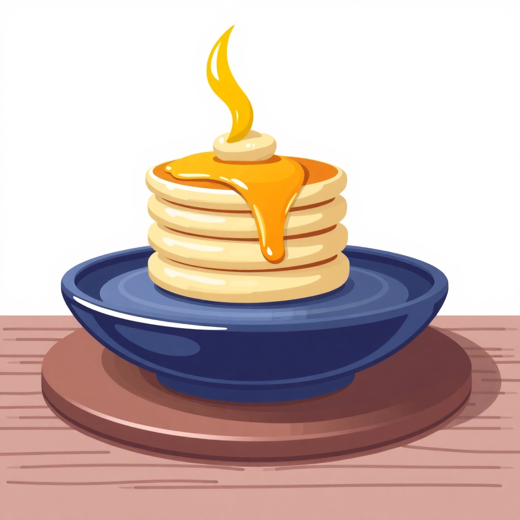  a stack of pancakes on a blue plate. The pancakes are golden brown and appear to be freshly made. On top of the stack, there is a drizzle of honey that is dripping down the sides of the plate in a golden yellow color. The plate is placed on a wooden table with a light pink background. The overall color scheme of the image is warm and inviting.