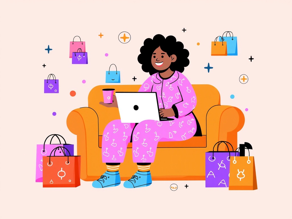  a young woman sitting on an orange armchair with a laptop in front of her. She is wearing a pink pajama set with white polka dots and blue shoes. She has curly black hair and is smiling at the camera. Around her, there are several colorful shopping bags of different sizes and colors scattered around her. The background is a light pink color.