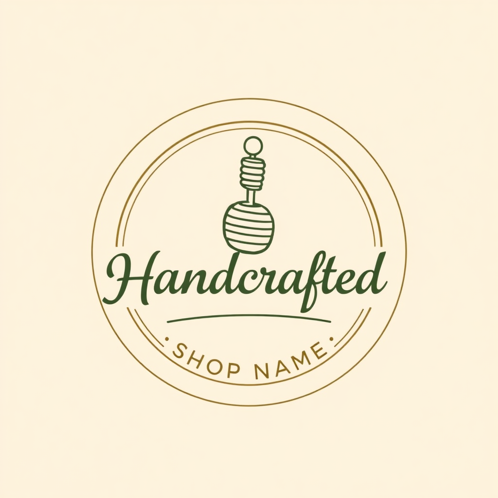 Handcrafted Emblem Concept: Design a logo featuring a circular or shield-shaped emblem. Incorporate a central hand-drawn illustration symbolic of the shop's specific offering (e.g., a honey dipper for an apiary, a fountain pen for a stationer), with the shop name in a classic serif or flowing script font. Utilize a muted color palette such as sepia, cream, forest green, or antique gold.