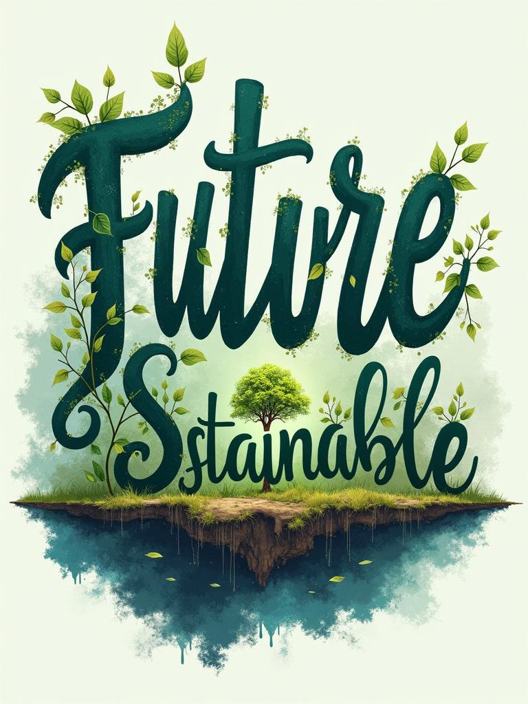 T-Shirt Design 2: Typographic-led design where 'Future' is in a bold, solid font and 'Sustainable' is written in a script that flows like a growing vine, with subtle leaf accents on some letters. Color palette: deep greens, sky blues, and a touch of earthy brown.
