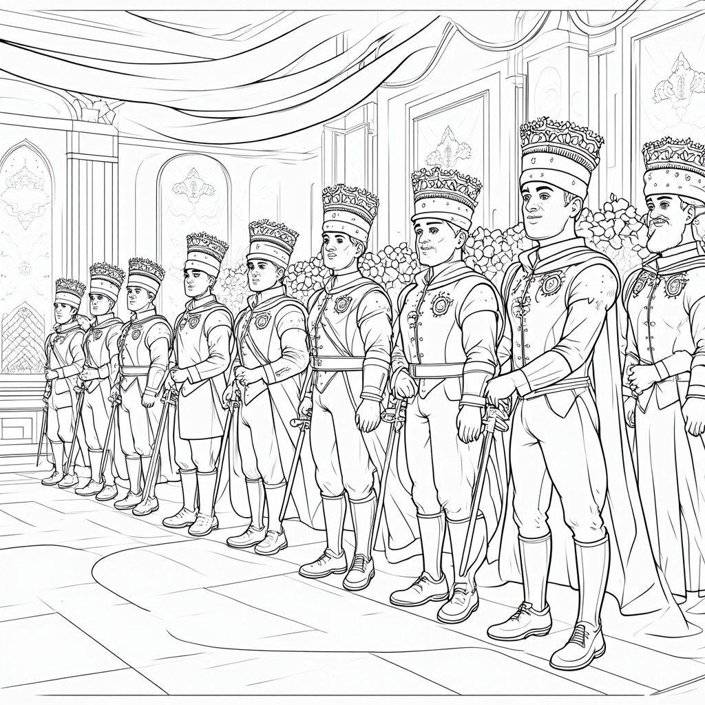An interior scene depicting Royal Rosarians during a formal gathering or knighting ceremony, showing the regalia and solemn expressions.