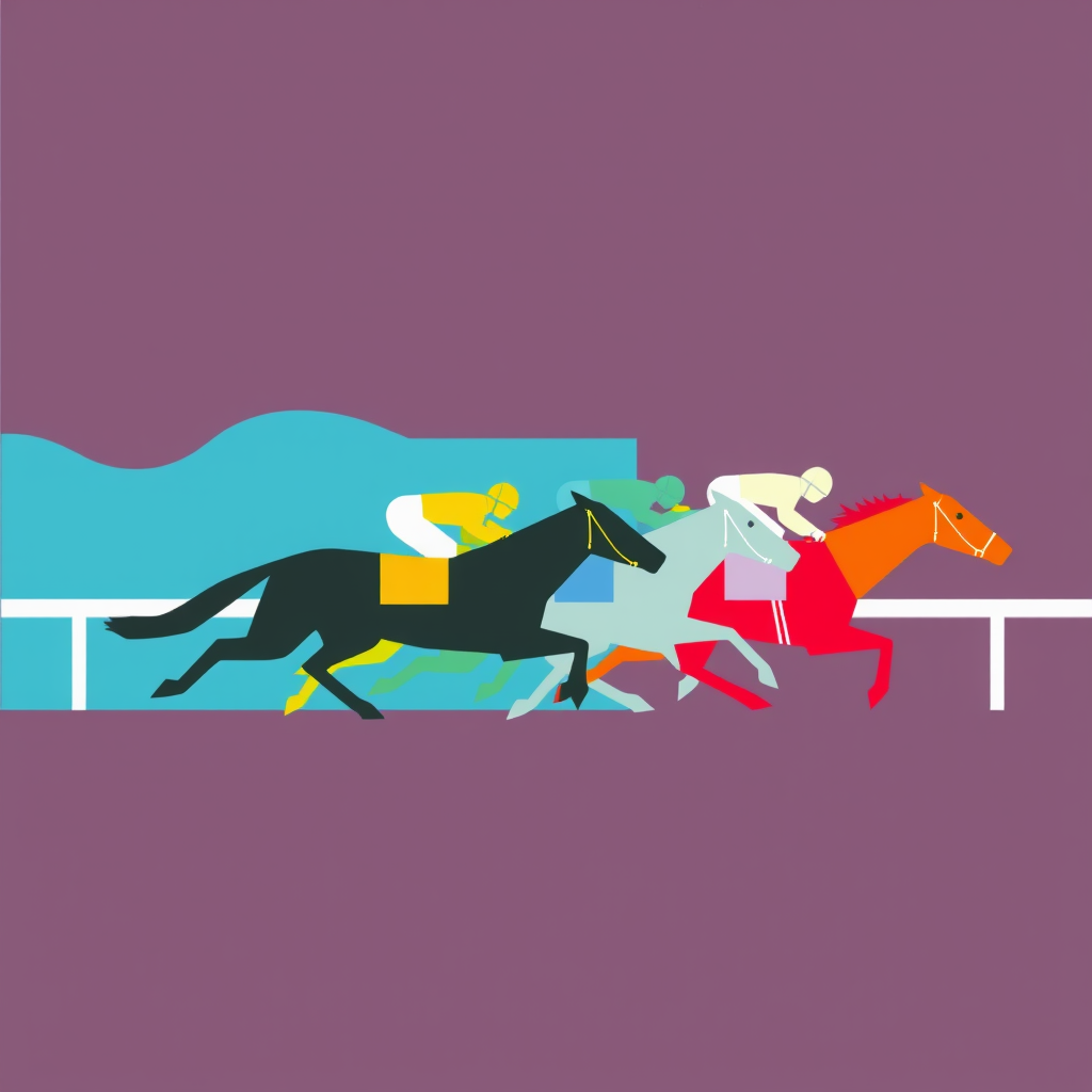 Sub-Design Idea 5 (Abstract Finish Line): An abstract representation of horses and jockeys crossing the finish line. The forms are very stylized, relying on color blocks inspired by jockey silks and dynamic lines to convey speed and excitement. The finish line itself could be a strong graphic element. Minimalist and abstract. Blocks of vibrant color representing different silks, streaking towards a defined line. Speed is shown through angular shapes and implied motion rather than explicit blur.