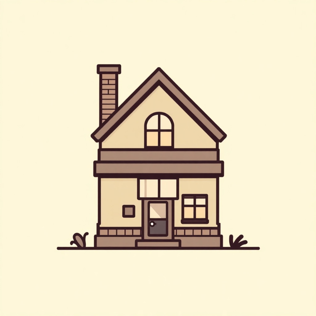 The image is a simple illustration of a two-story house. The house has a sloping roof with a chimney on the left side. The front of the house has two windows and a door, and there are two small bushes on either side of the entrance. The walls are painted in a light beige color, and the roof is a darker shade of beige. The overall style of the illustration is simple and minimalistic.