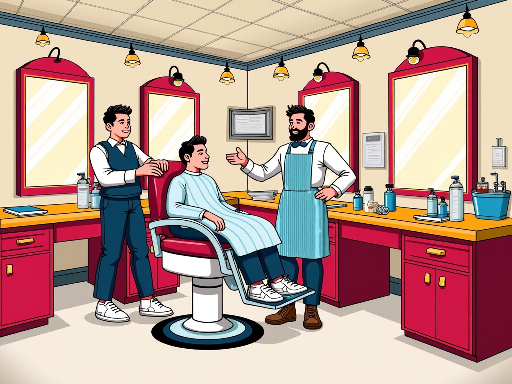  a barber shop with three men in it. The barber is sitting in a red barber chair with a white apron and is getting his hair cut by a young man who is standing next to him. The young man is sitting on the chair with his legs crossed and is smiling. The two men on either side of him are standing behind the barber, one of them is holding a pair of scissors and the other is giving him a haircut. There are two large mirrors on the walls and a counter with various barber tools and supplies on it. On the right side of the image, there is a man with a beard and a blue apron standing in front of the counter. The room is decorated with red cabinets and a chandelier hanging from the ceiling.