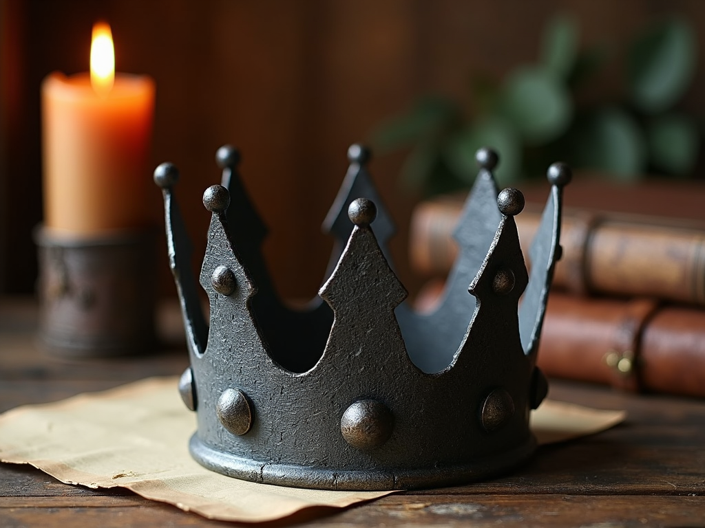 A rustic crown forged from iron, with a simplistic yet commanding design, resting in a medieval-themed setting.