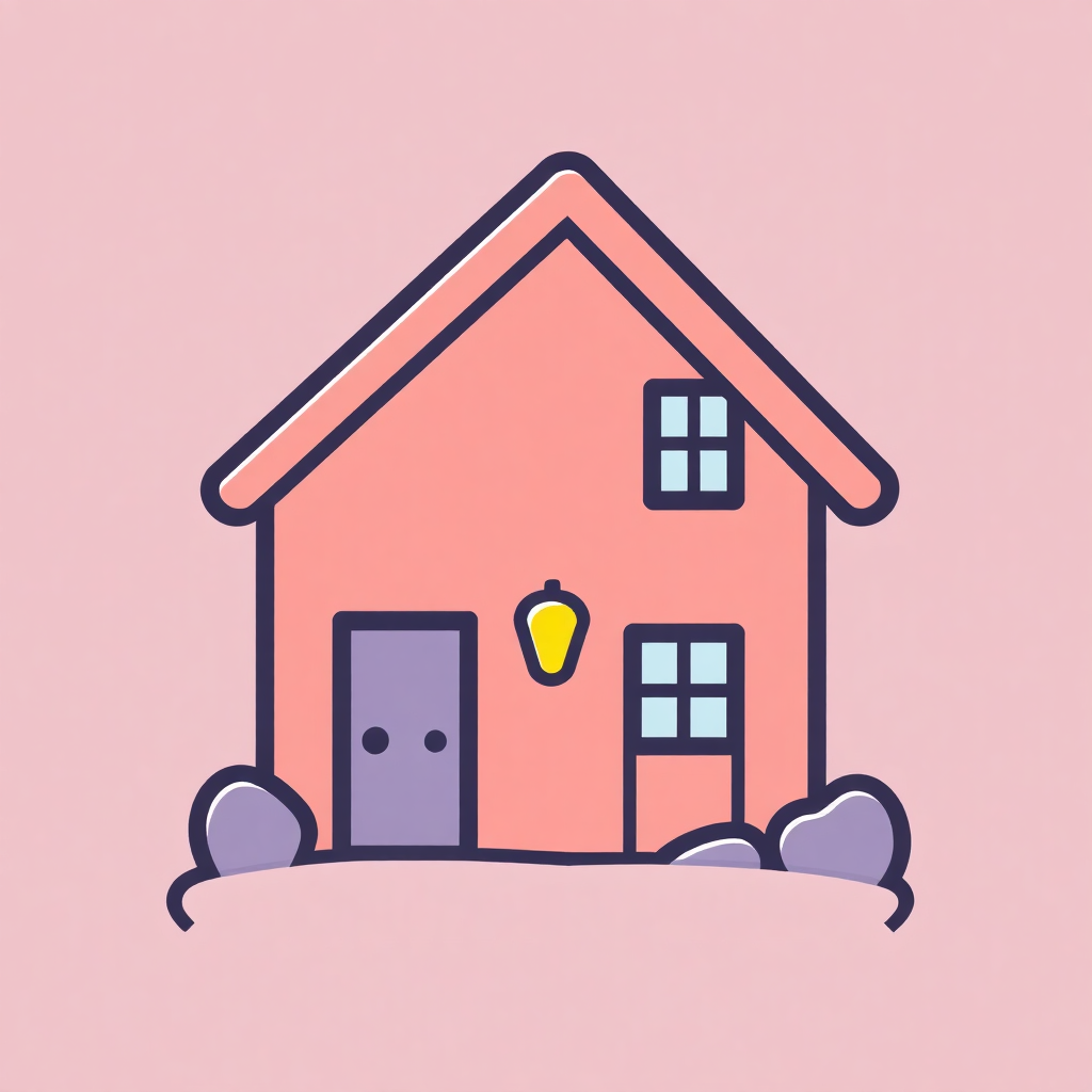 The image is a simple illustration of a small house. The house is pink in color and has a sloping roof. It has two windows on the front and a door on the side. There is a small window on the right side of the house with a yellow light bulb hanging from it. The ground is covered in snow and there are a few rocks scattered around. The background is a light pink color.