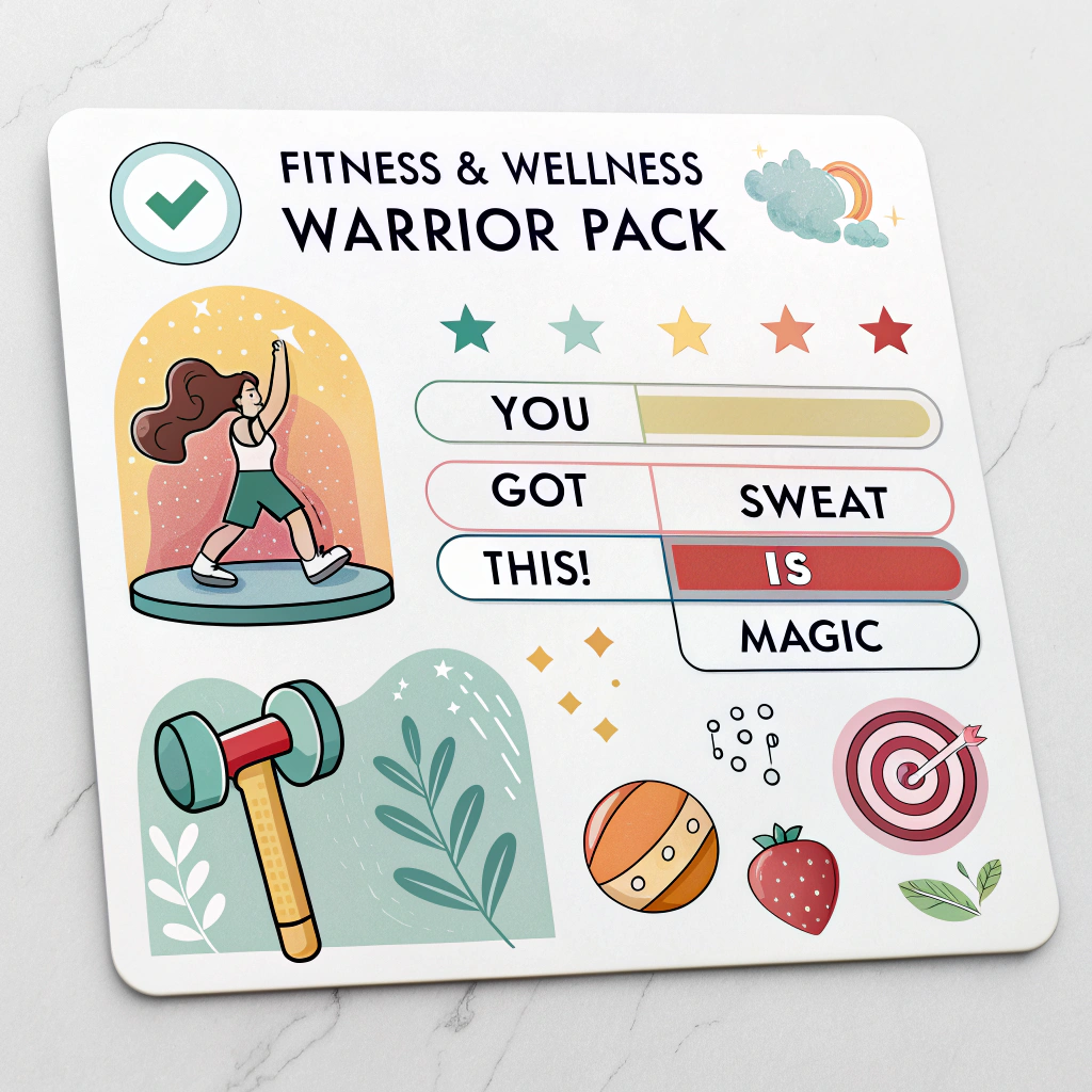 Fitness & Wellness Warrior Pack: Animated progress bars, motivational quote bubbles ('You Got This!', 'Sweat is Magic'), icons for different workout types (yoga pose, dumbbell, running shoe), and hydration reminder stickers.