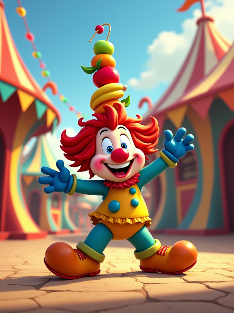 Patches is wearing oversized clown shoes, slipping and sliding around comically while trying to balance a stack of fruits on its head.