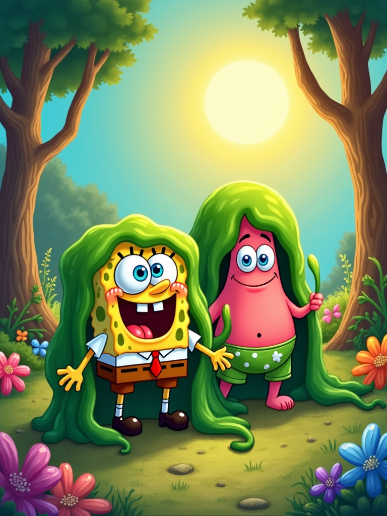 SpongeBob and Patrick covered in seaweed, emerging from an all-night camping adventure at the edge of Bikini Bottom forest.