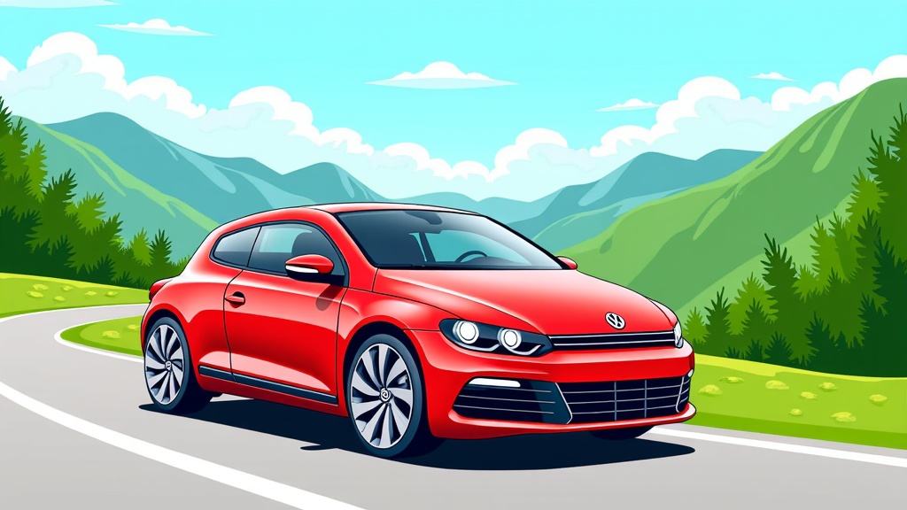 The image is a digital illustration of a red Volkswagen car driving on a winding road in a mountainous landscape. The car is in the center of the image, with the mountains in the background. The sky is blue with white clouds and the mountains are covered in green trees and shrubs. The road is white and has a curved curve, and the car is moving at a high speed. The Volkswagen logo is prominently displayed on the front of the car. The overall color scheme of the illustration is bright and vibrant, with shades of red, green, and blue.