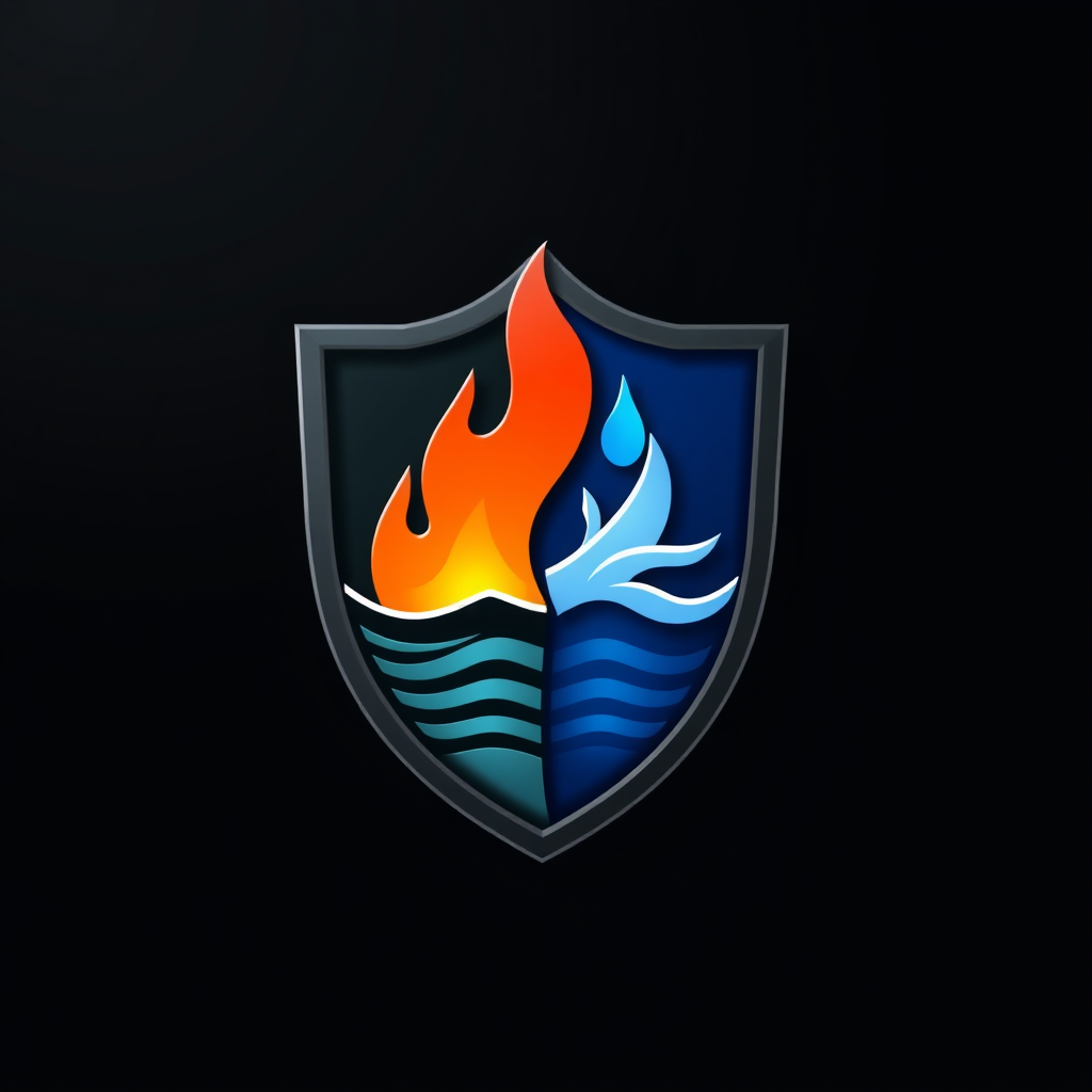 A shield icon split into two halves: one with flames, the other with water, symbolizing fire suppression.