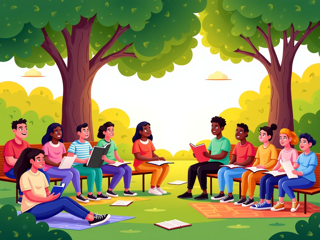 An illustration depicting a diverse group of people sitting comfortably on blankets and park benches under a large, shady tree, attentively listening to a person reading poetry from a book at a simple podium. Sunlight dapples through the leaves, creating a warm, inviting atmosphere.