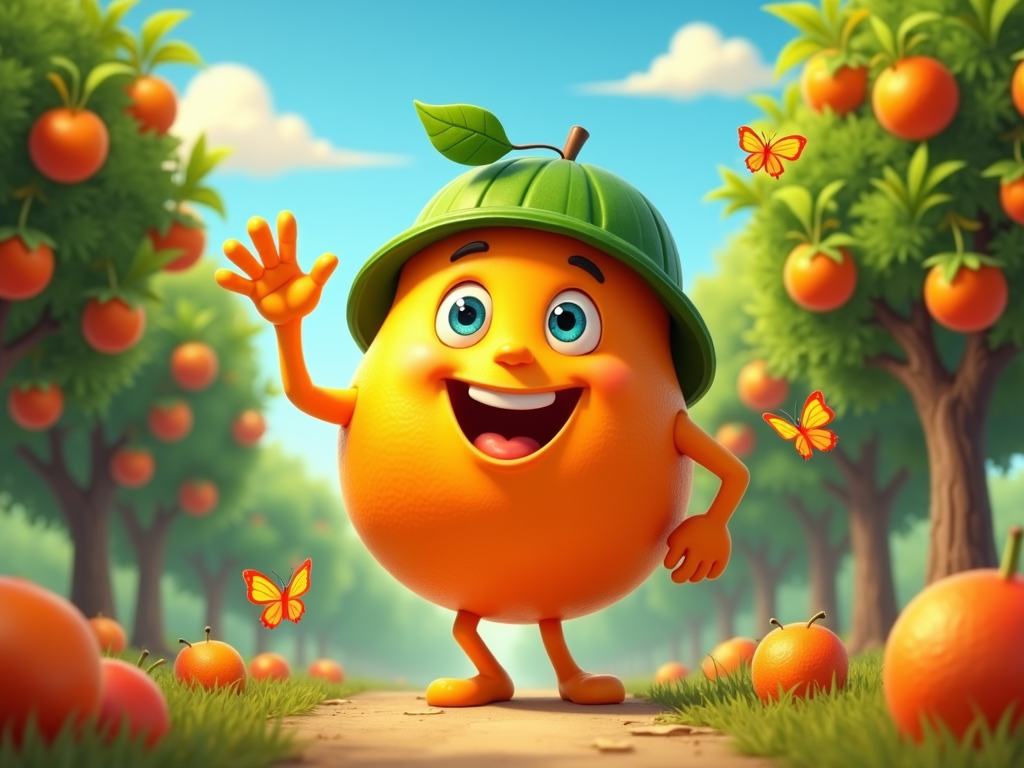 The image is a 3D illustration of a cartoon character in an orange orchard. The character is orange in color and has a big smile on its face. It is wearing a green hat with a leaf on top and is waving its right hand in a friendly gesture. The background shows rows of orange trees with ripe oranges hanging from their branches. The ground is covered in green grass and there are several orange butterflies fluttering around. The sky is blue with white clouds. The overall mood of the image is cheerful and playful.