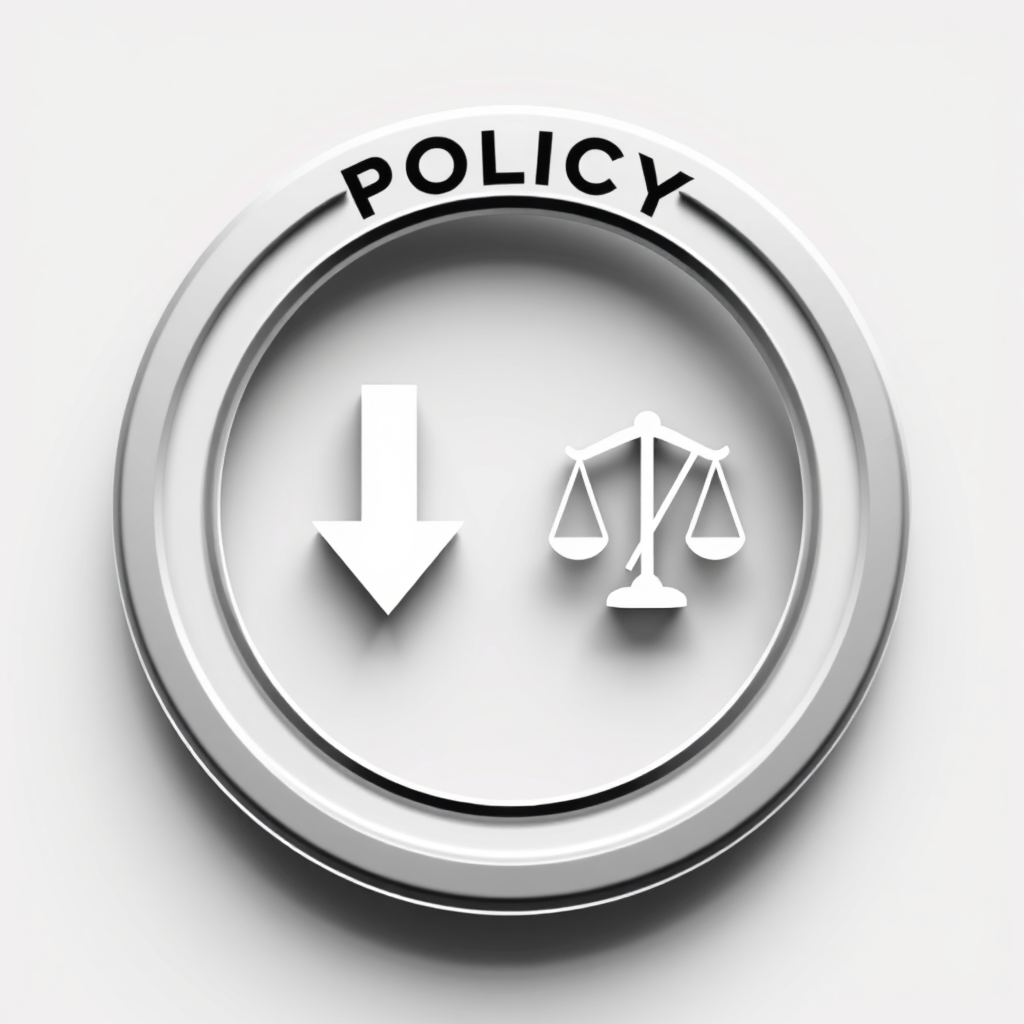 A circular badge or seal icon symbolizing 'policy', internally divided to visually showcase a downward arrow on one side (import) and a tax symbol (e.g., '%' or a balance scale representing fair levy) on the other.