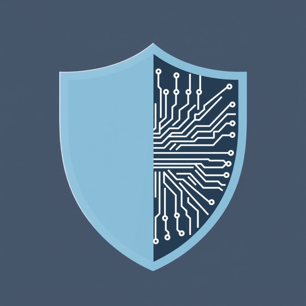 A shield icon divided cleanly in half (e.g., vertically or diagonally), where one side is a solid, flat color and the other side features a simple, abstract pattern of parallel circuit traces.