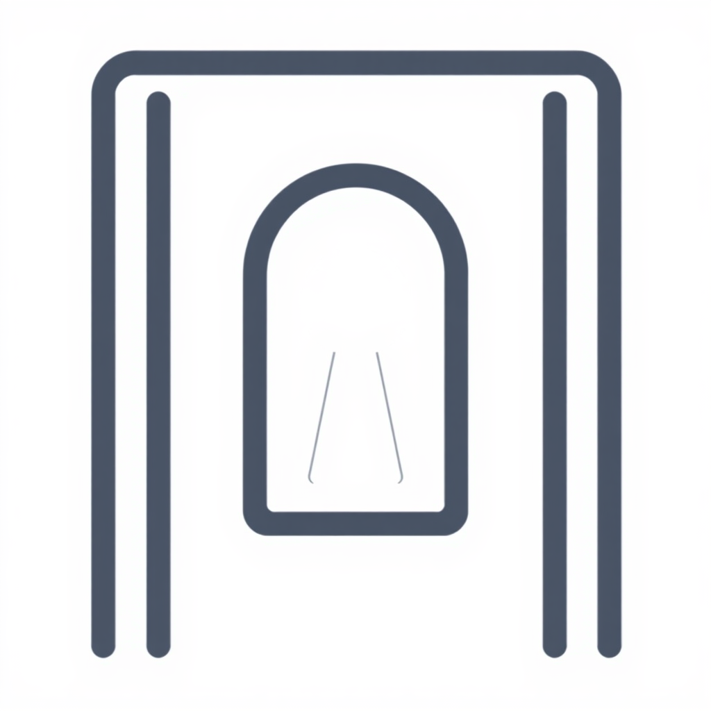 A minimalist icon featuring a keyhole silhouette within a stylized door outline.