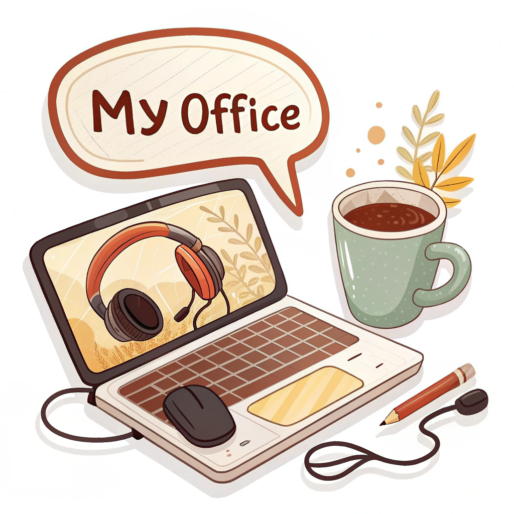 A laptop with a coffee mug and headphones, with a speech bubble saying 'My office'.