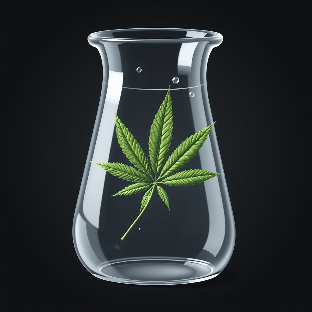 Sub-design 1: A clear glass beaker or flask depicted with a single, prominent marijuana leaf floating inside as if it's the key ingredient or the result of a scientific process, possibly with subtle condensation or bubbles.