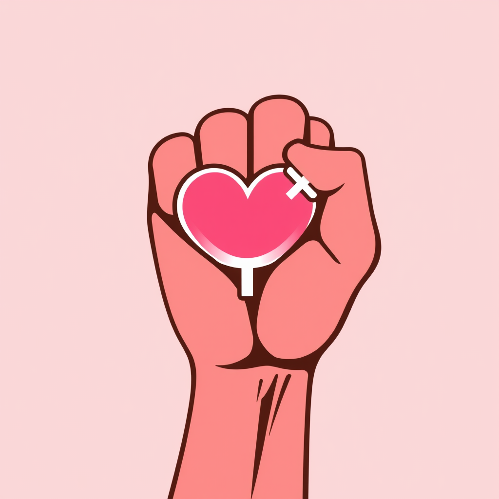 A fist in the shape of a heart holding the female symbol.