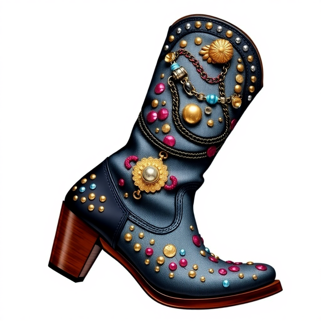 Statement Embellished Boot: A bold, eye-catching design with metallic studs, chains, sequins, or colorful embroidery, using unconventional materials like glitter leather, patent leather, or denim.