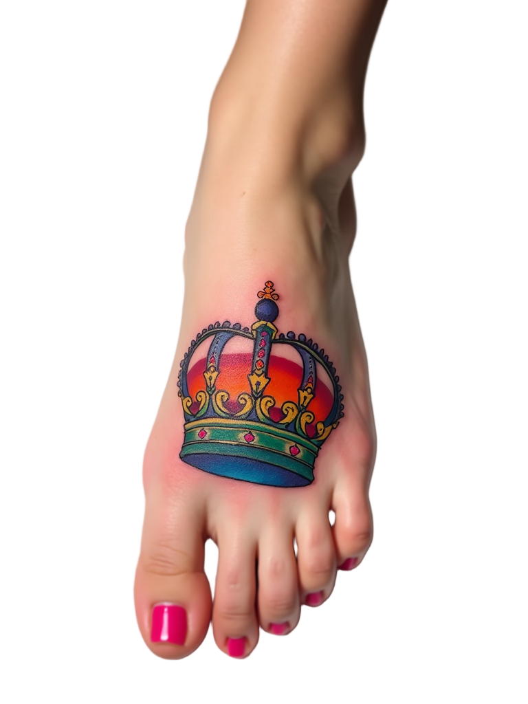 A colorful, rainbow-themed crown tattoo on the foot, with stunning details in each individual hue reflecting diversity and pride.