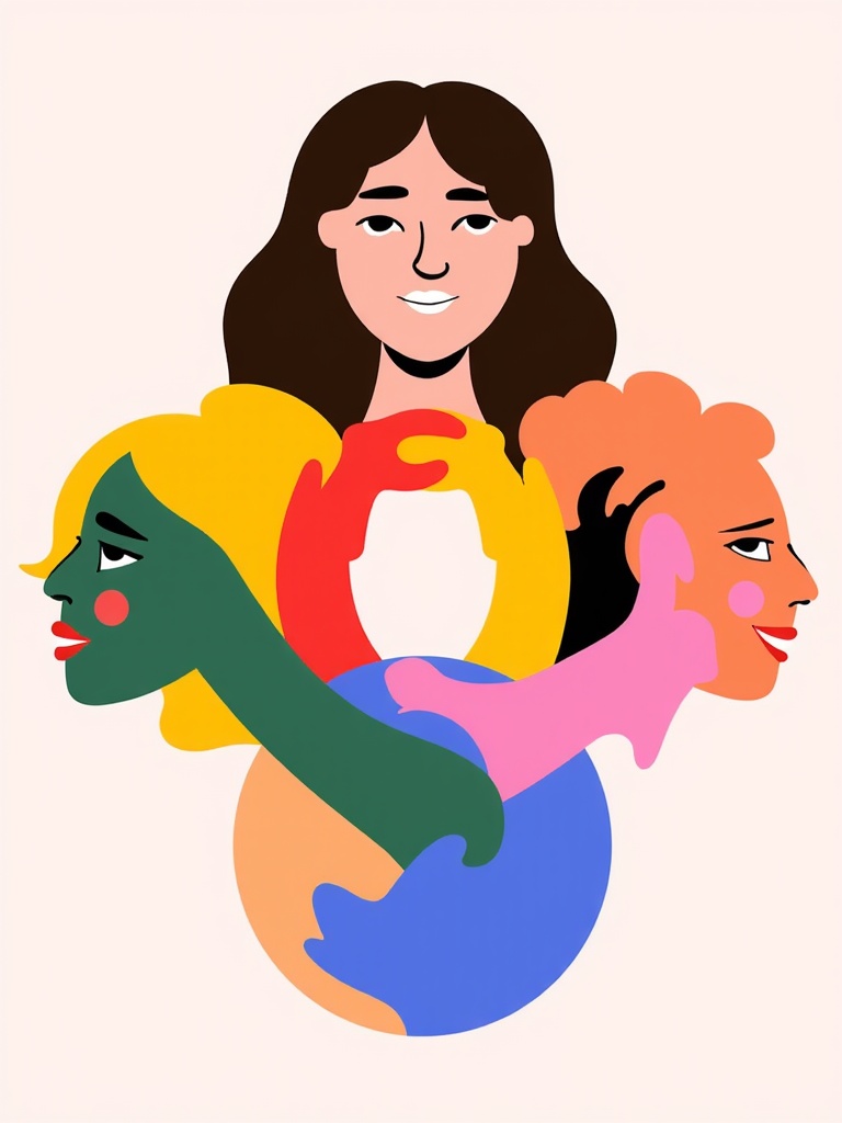 Interlocking female symbols of different colors, representing the intersectionality of women's experiences.